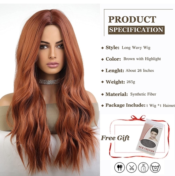 Long Ombre Auburn Wig Synthetic Wavy Curly Hair - Picture 2 of 5